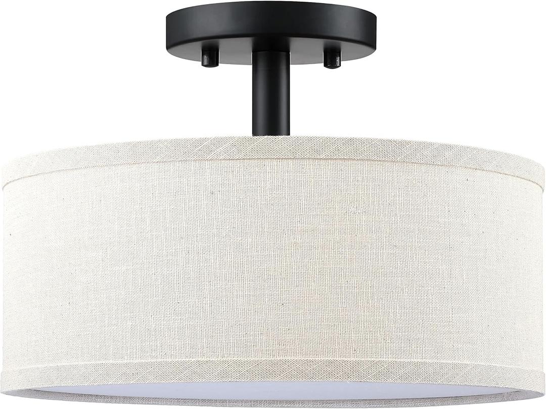 2 Light 12" Off White Linen Fabric Drum Shade semi Flush Mount Ceiling Light Black Finish,Kitchen Island Chandeliers Shade for Bar Dining Room, Corridor,Living Room