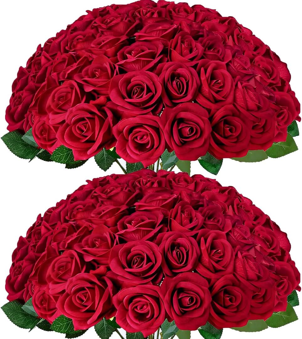50Pcs Red Roses Artificial Flowers with StemsFake Roses Bouquet Fake Flowers BulkSilk Velvet Roses for Wedding Centerpieces Arrangement Baby Shower Birthday Home Decor Gifts