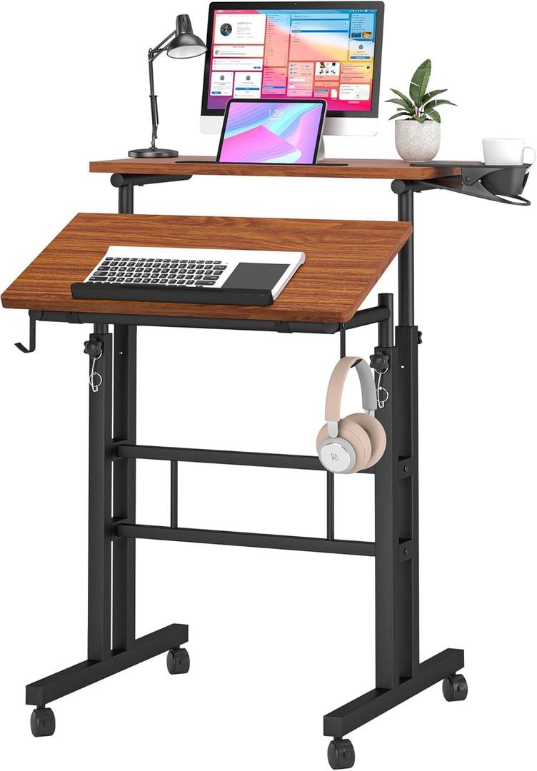 Klvied Stand Up Desk on Wheels, Portable Computer Desk for Home Office,Rolling Desk for Laptop with Removable Cup Holder, Adjustable Laptop Cart for Standing or Sitting,Walnut