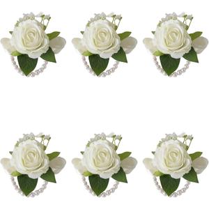 6 Pcs Ivory White Rose Wrist Corsage for Wedding, Bride Bridesmaids Corsages, Pearls Bracelet Wrist Flower for Prom Homecoming Party, Wrist Corsage for Mother of Bride and Groom Wedding Decor