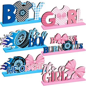 Suzile 6 Pcs Burnouts or Bows Gender Reveal Party Wooden Centerpieces Table Toppers for Boys Girls Blue and Pink Car Wheel Bow Tie Party Decoration Supplies for He or She Gender Reveal Baby Shower