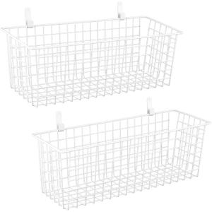 2 Sets Extra Large Hanging Wall Basket, White Metal Wire Baskets with Steel Hooks for Organizing, Wallmounted Fruit Vegetable Toy Snack Storage, Home Kitchen Bathroom Laundry Pantry Organizer
