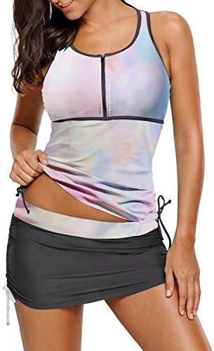 luvamia Women's 2 Pieces Print Zip Front Racerback Tankini Set Swimsuits with Skirt, XXL