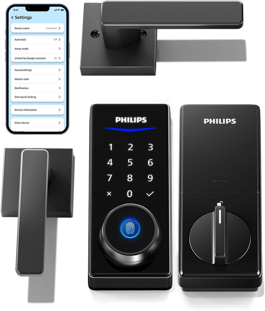 Philips Smart Lock with Handles, Keyless Entry Door Lock Set, Keypad Door Lock with 2 Level Handles, Digital Keypad Deadbolt for Front Door, App Fingerprint PIN Code Unlocking, Auto Locking (Matte Black)