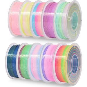 RAMBERY Silk Rainbow PLA 3D Printer Filament Bundle, 10 Colors Total 10kg, 1.75mm Multicolor Gradient 3D Printing Filament for Most FDM 3D Printers, 1KG Spool (2.2lbs) x 10 PCS