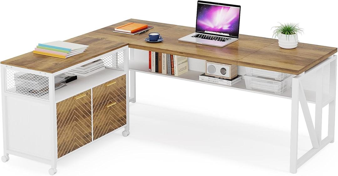 LITTLE TREE 63" L Shaped Executive Computer Desk and Drawer lateral File Cabinet, Walnut