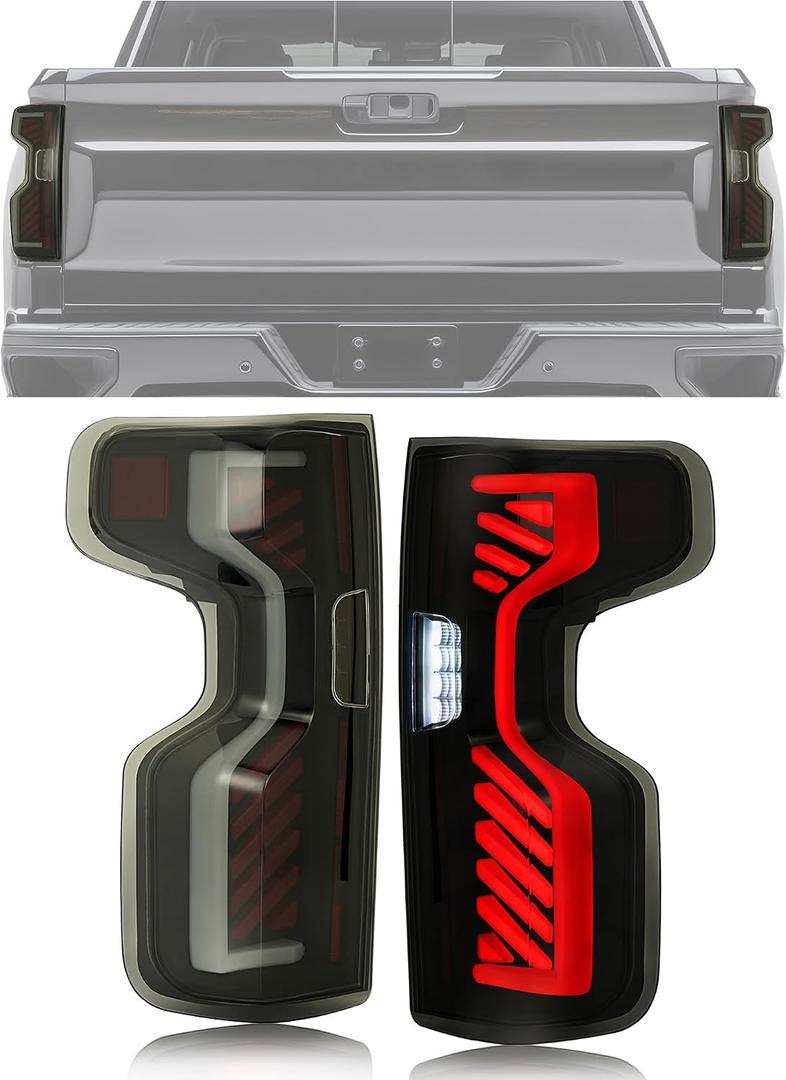 HECASA Full LED Tail Light Compatible with 2019-2023 Chevy Chevrolet Silverado 1500 2500HD 3500HD Pair Rear Brake Lamp DRL Left&Right Side Smoke Lens Black Housing Replacement for GM2800311 GM2801311
