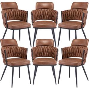 BFZ Dining Chairs Set of 6, Mid-Century Modern Dining Chair, Retro Faux Leather Kitchen Dining Room Chairs, Hand Weaving Upholstered Dining Chairs with Metal Legs for Dining Room, Kitchen, Living Room (Brown)