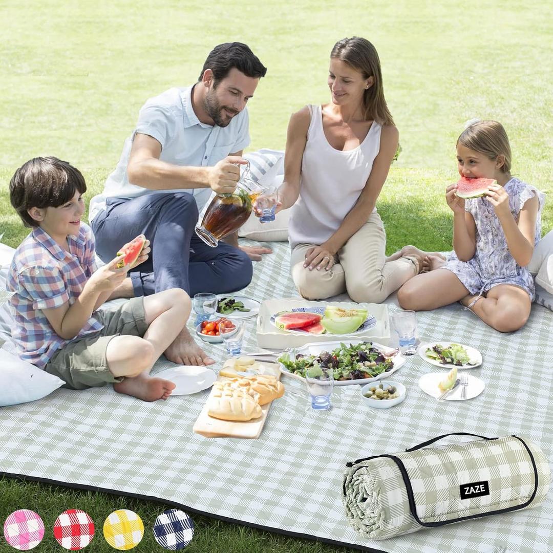 ZAZE Extra Large Picnic Outdoor Blanket, 80''x80'' Waterproof Foldable Blankets Gingham Picnic Mat for Beach, Camping Grass Lawn Park Accessories Cute Couple Gifts Ideas Wedding Registry(Green White) (Green and White)