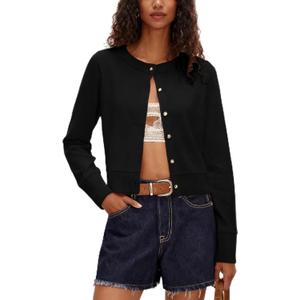 LTSCNRM Women's Lightweight Ribbed Soft Knit Round Neck Cardigan Sweater Classic Open Front Jacket with Buttons Casual (Large, Black)