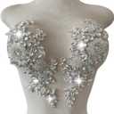 Handmade Shining Rhinestones lace Applique Patches Sewing Beads Sequins Stone Trim Accessories for Wedding Dress 1 Pair/Bag 11X4.3inches (Silver)