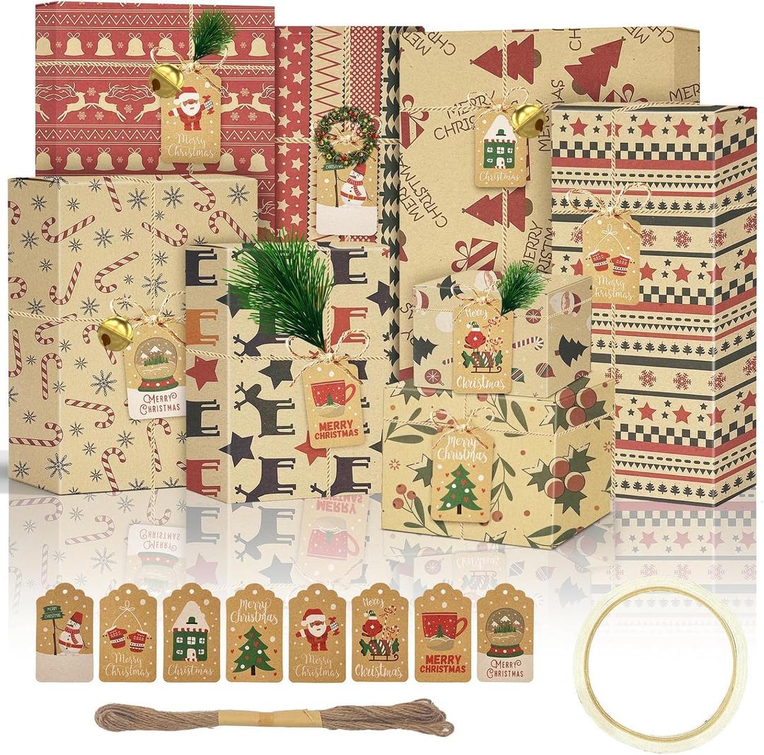 AILAMIDO Christmas Wrapping Gift Paper, 8 Sheets with 32.8ft Jute String, 1 Roll Adhesive Tape and 8 Unique Tags, Kraft Paper for Christmas, 50x70cm