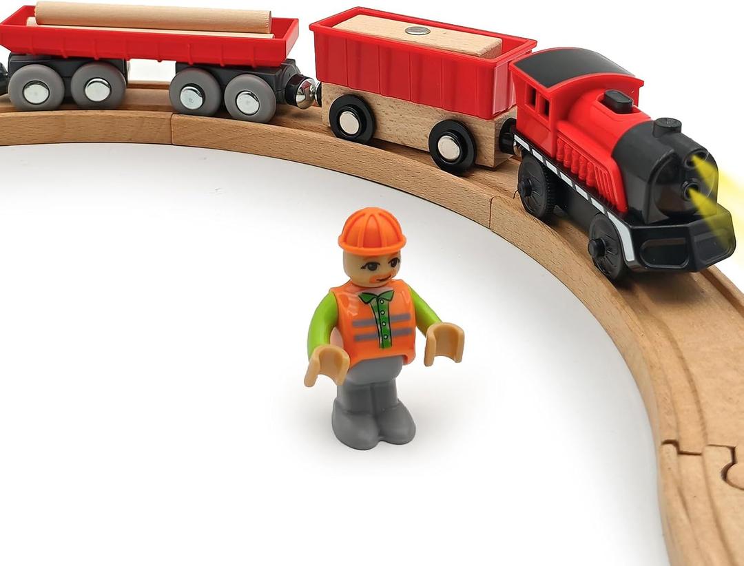 Battery Operated Cargo Train for Wooden Train Track Set Toys for Toddlers 3 4 5 Year Old Boys Kids Magnetic Couplings Construction site Fram Harbor Vehicle (Without Battery)