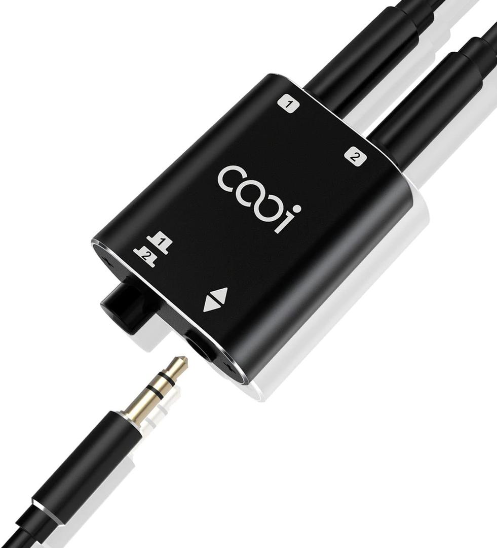 COOIDEA 3.5mm Stereo Audio Switcher1 in 2 Out /2 in 1 Out with 3.5mm Audio Cable, 2 Ports AUX Audio Speaker Selector for PC Phone Laptop Headphone