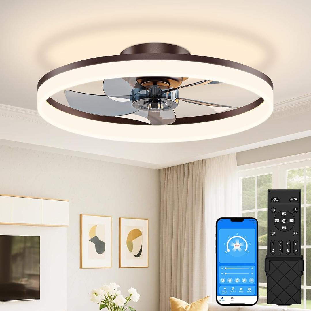 VOLISUN Low Profile Ceiling Fans with Lights and Remote, 20in Fandelier Ceiling Fan Flush Mount, 3000K-6500K Smart Bladeless LED Fan Light, Brown Modern Ceiling Fans with Lights for Bedroom