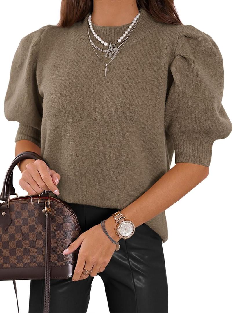 Women's Puff Short Sleeve Sweater Tops 2025 Summer Fall Trendy Knit Crew Neck Casual T Shirts Blouses (Brown, S)