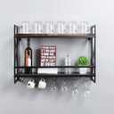 MBQQ Rustic Wall Mounted Wine Racks with 7 Stem Glass Holder,30in Industrial Metal Hanging Wine Rack,2-Tiers Wood Shelf Floating Shelves,Home Room Living Room Kitchen Decor Display Rack,Retro Black