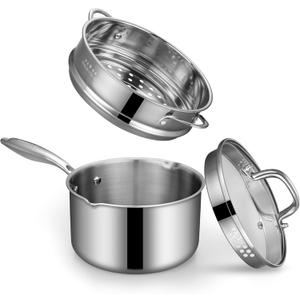 Tri-Ply Stainless Steel Sauce Pan with Steamer Basket & Straining Glass Lid 2-in-1 Multi-Function Pot for Steaming, Boiling & Simmering  Healthy, Durable, Rust-Resistant, Professional-Grade Cookware (3.5 QT with Steamer)