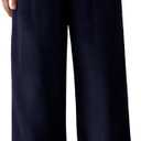 Feiersi Women's Casual Pants Drawstring Elastic Waist Pants Flowy Wide Leg Beach Trousers with Pockets(Navy Blue, Large)