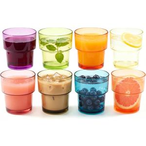 14 oz Plastic Stackable Drinking Tumblers, BPA-Free, Dishwasher Safe, Durable Shatterproof Reusable Kid Cups, Everyday Water/Juice Glasses for Indoor/Outdoor (Set of 8, Gift Box)