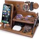 TESLYAR Wood Phone Docking Station for Men  Desk or Nightstand Organizer  Birthday Gifts for Husband or Dad  Anniversary Idea from Wife  Key Holder  Stand Wallet, Watch & Essentials (Deep Black)