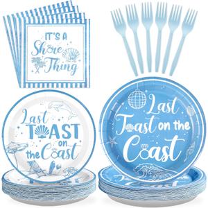 96Pcs Last Toast on The Coast Bachelorette Decorations Blue Beach Bachelorette Plates and Napkins Set Summer Coastal Seashells Party Decoration for Bridal Wedding Girl Birthday Party Supplies Serve 24