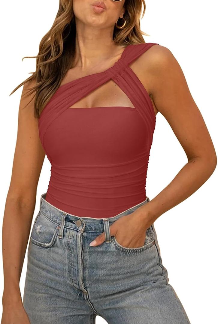 REORIA Womens Sexy One Shoulder Asymmetrical Leopard Print Mesh Ruched Backless Going Out Bodysuits Tops, S