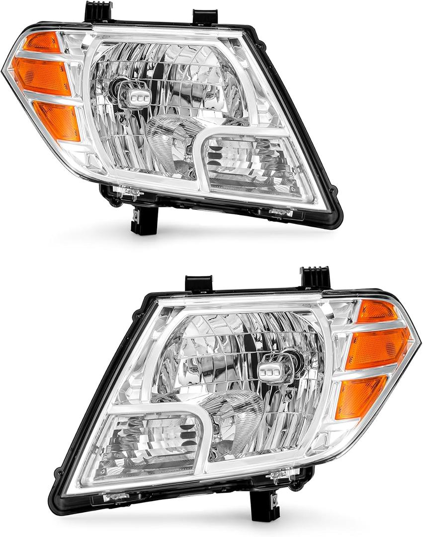 for 2009-2021 Nissan Frontier 4door Headlights Assembly Chrome Pair | OE 26060ZL40A, Halogen, W/O bulbs, IP67, Plug & Play, amber reflector