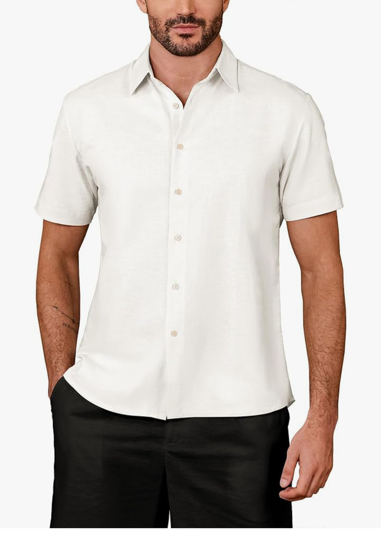 Kallspin Men's Linen Blend Button Down Shirt Short Sleeve Casual Lightweight Summer Beach Vacation Shirt M