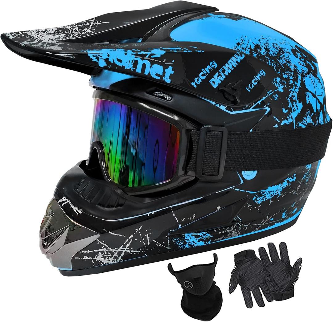 Youth Dirt Bike Helmets DOT Approved Kids Motocross, ATV, Off-Road, Four Wheelers, BMX Motorcycle Bike Helmets with Goggles Gloves Faceshield (WhiteBlue, Small)