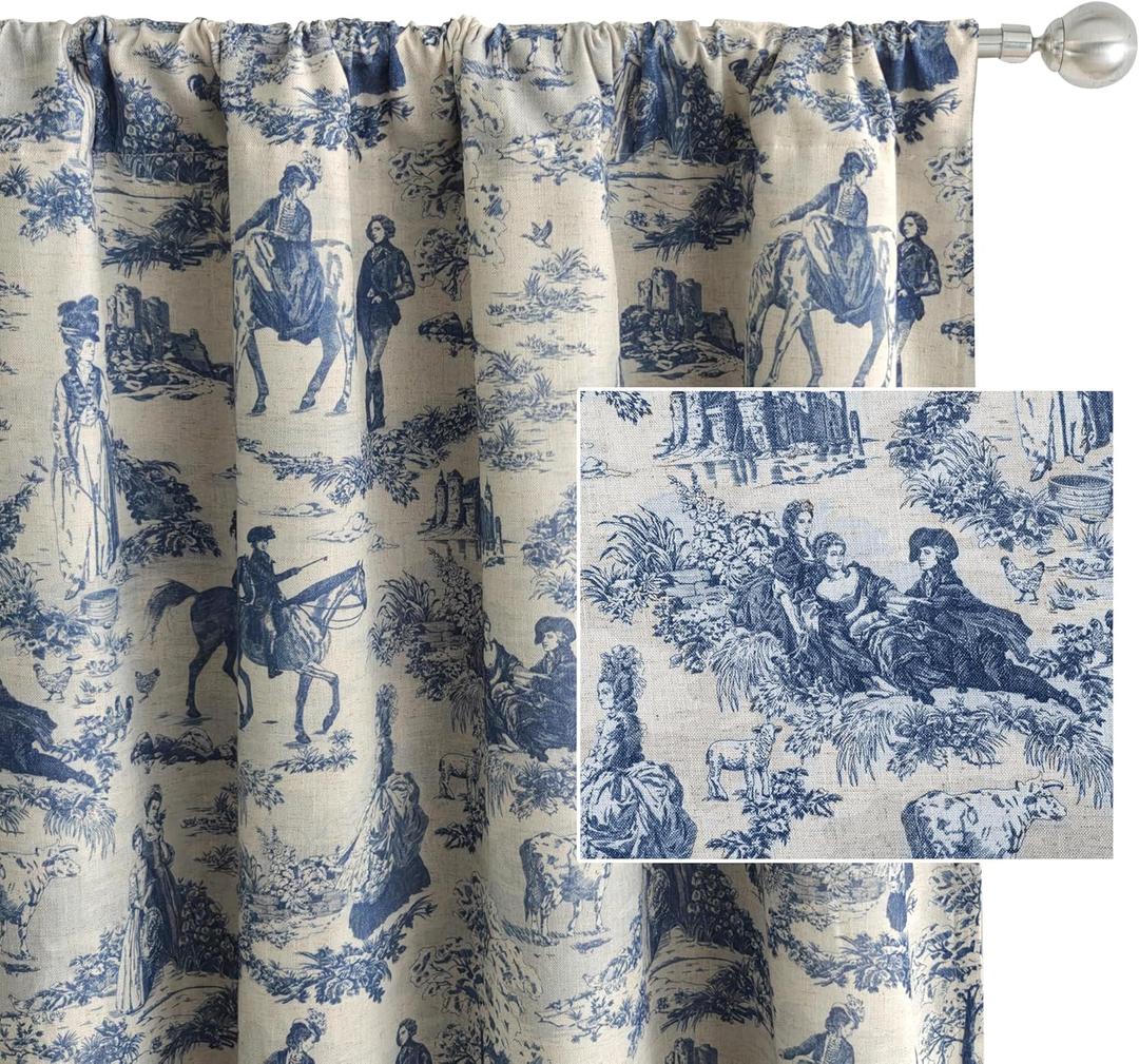 DriftAway 100% Blackout Toile Linen Curtains for Bedroom Double Layer Farmhouse French Country Vintage Printed Pattern Thermal Sound Lined Back Tab Living Room Drapes 90 inch Length 2 Panels Navy