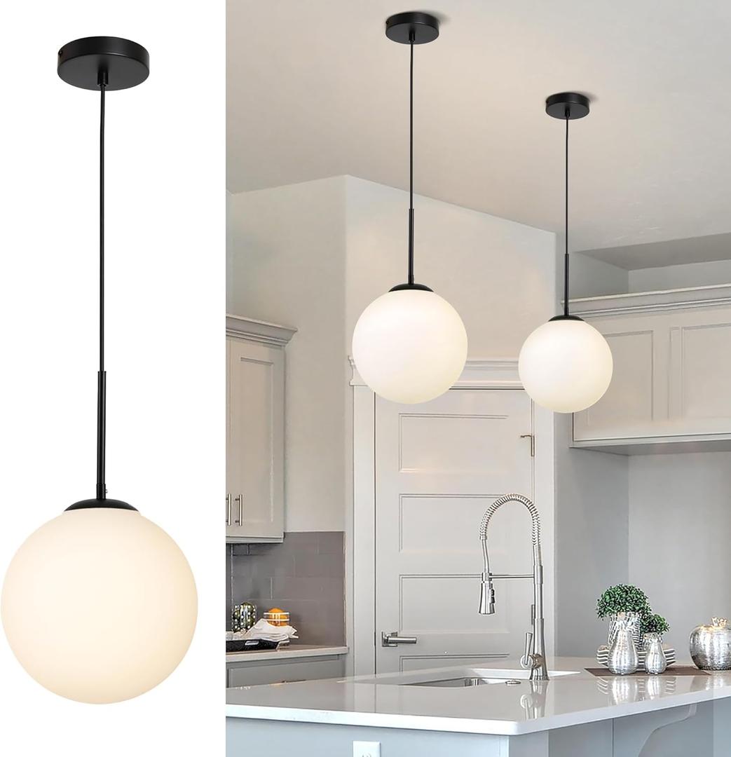 10" Globe Milk Glass Black Pendant Light, Mid Century Modern Hanging Ceiling Light Fixture for Dining Room, Kitchen Island Lighting