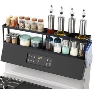 OTraki 2 Tier Strong Magnetic Oven Shelf 30 Inch Length Spice Rack Over The Stove Shelf with 2 Anti-Slip Mats Seasoning & 4 Hooks Kitchen Spice Storage Organizer Black