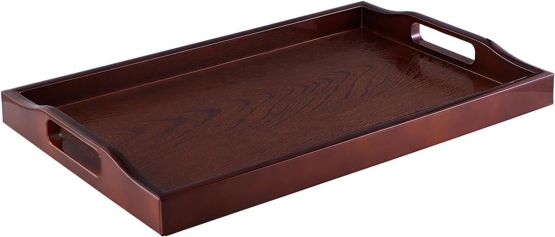 MDLUU Plastic Serving Tray, Ottoman Tray with Cutout Handles, Rectangle Butler Tray for Breakfast in Bed, Coffee Table Decor, Party (Cherry) (16.3" x 10.6" x 1.3", Red Brown)