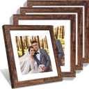 Hongkee 10x10 Picture Frame Set of 4, Made of Glass and Rustic Brown Wooden Frame - Display Picture 8x8 with Mat or 10 x 10 Without Mat, 10 by 10 Photo for Wall or Tabletop, 10x10 in