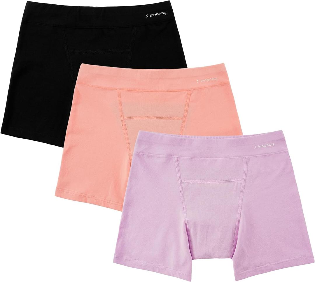 INNERSY Girls Period Underwear Cotton Boyshorts for Teen Aged 8-16 Panties 3 Pack (12-14 Years, Black/Shrimp Pink/Purple)