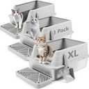 3 Pack Stainless Steel Litter Box, XL 22.9 x 15 x 10.3 High Sided Metal Cat Litter Tray with Scoop, Filter Pedal for Anti-Splash, Non-Sticky, Easy to Clean (Light Grey)