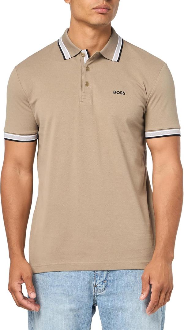 BOSS Men's Paddy Short Sleeve Contrast Color Polo Shirt (M, Brindle Taupe)