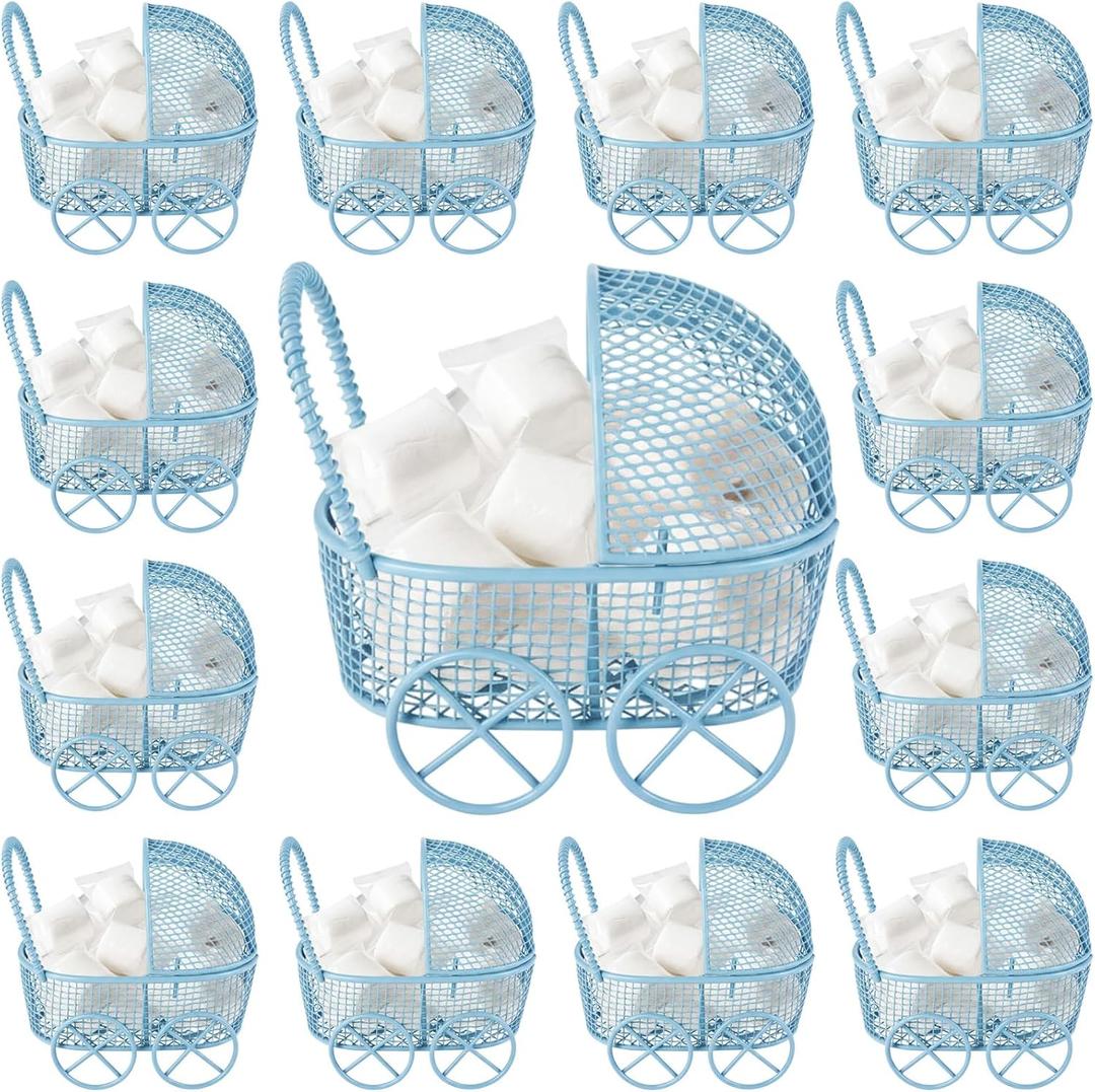 Threehoney 12 Pcs Baby Shower Mini Carriage Decoration Blue Metal Wired Fillable Candy Stroller Baby Shower Table Centerpiece for Guest Gender Reveal Wedding Party Favor Gift