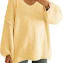 Saodimallsu Womens Oversized V Neck Sweaters Chunky Knit Lantern Long Sleeve Fall Winter Slouchy Tunic Sweater Tops (Yellow, L)