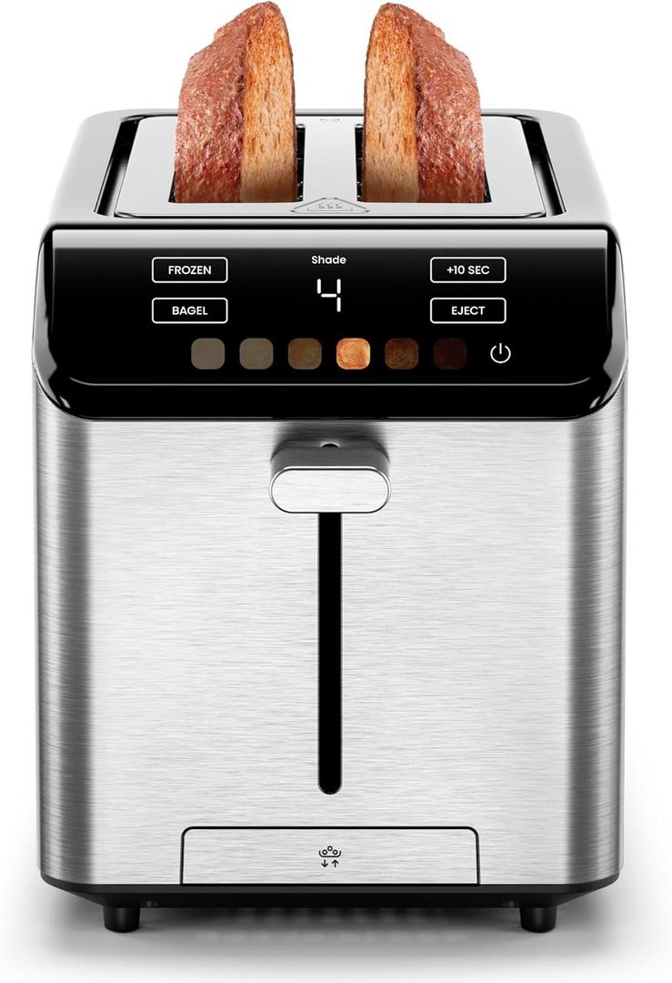 Chefman Smart Touch 2 Slice Digital Toaster, 6 Shade Settings, Stainless Steel Toaster 2 Slice with Extra-Wide Slots, Thick Bread Toaster and Bagel Toaster, +10 Seconds, Defrost, Removable Crumb Tray