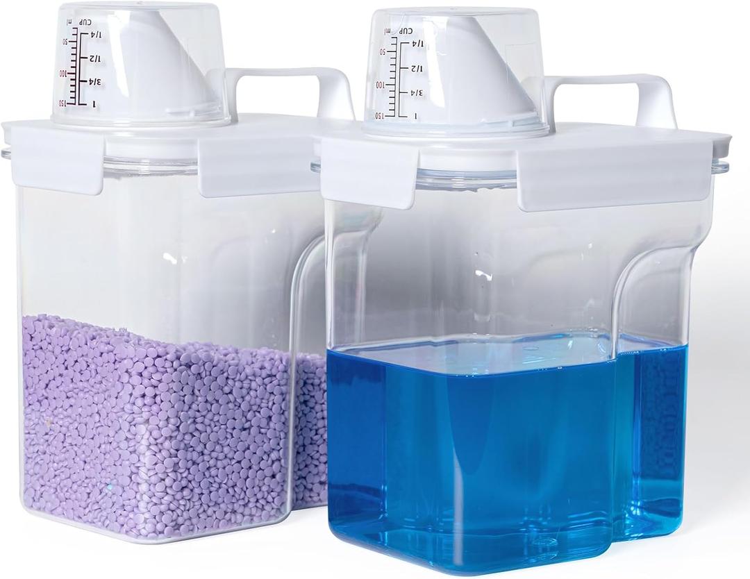 Laundry Detergent Container,2Pack -68oz Laundry Detergent Dispenser with 5 labels for Laundry Room, Laundry Scent Beads, Powder,Bleach,Soap,Fabric Softener Storage and Organization