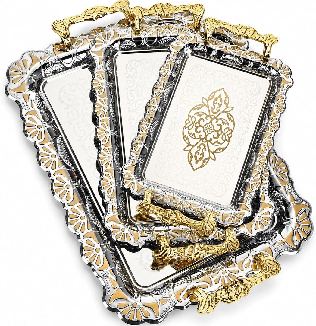 3 Pack Metal Serving Trays, Classic, Silver, Gold
