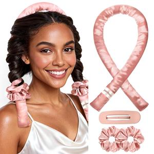 Yanibest Super Soft Satin Heatless Curler Set, Overnight Hair Curler to Sleep in, No Heat Curling Rods, with Satin Scrunchies and Clip (Pink)