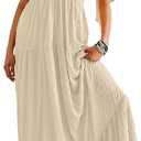 Kikibell Women Summer Dresses Sexy V-Neck Maxi Dress Tiered Silhouette with Flutter Sleeve Backless Elastic Waist Flowy Dress (Beige, L)