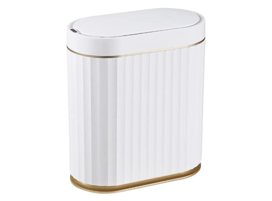ELPHECO Automatic Motion Sensor Trash Can - 2 Gallon Slimline for Bathroom, Bedroom, Kitchen, Office - White with Gold Trim