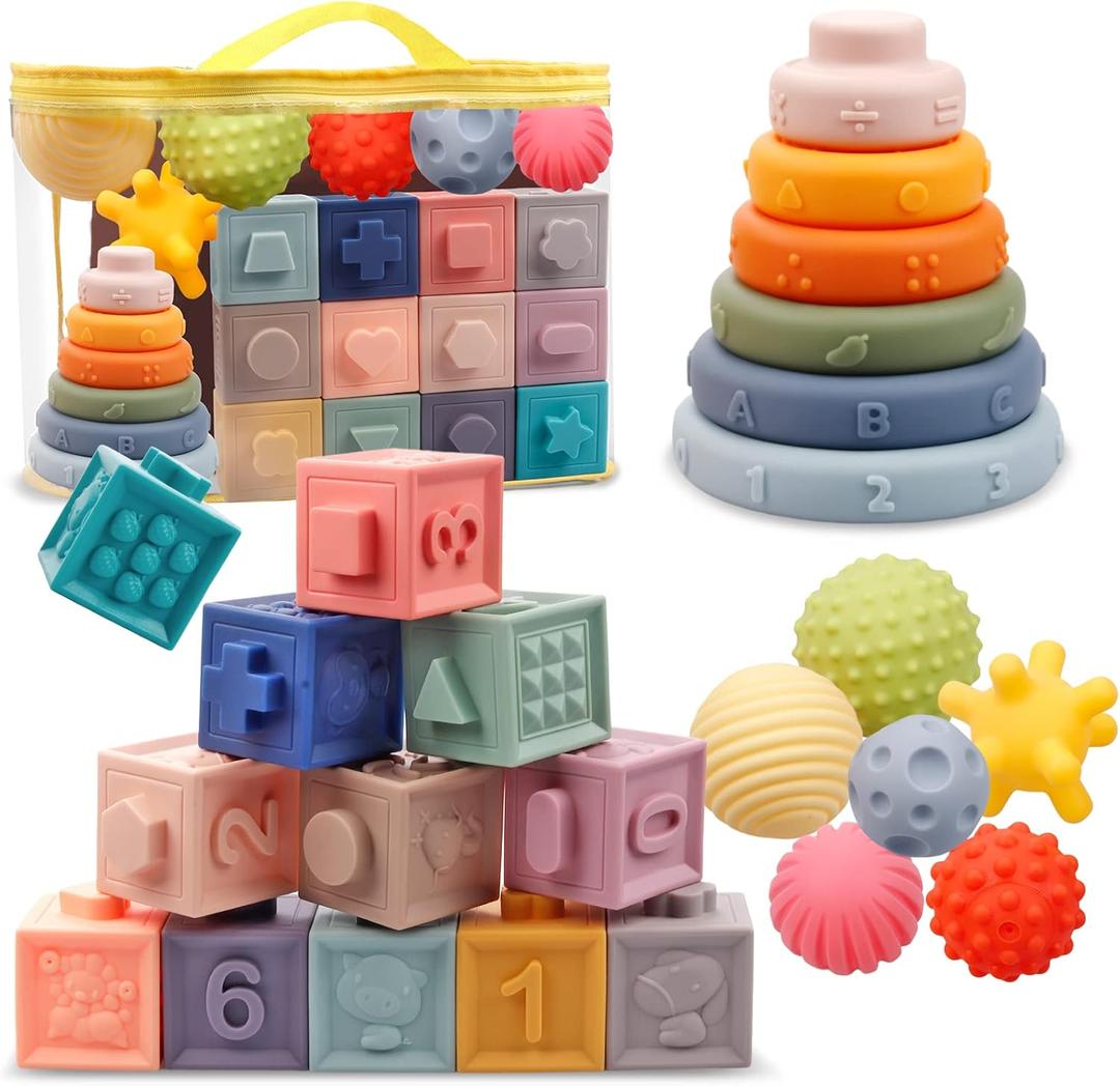 Montessori Toys for Babies,Soft Stacking Building Blocks Rings Balls Sets,3 in 1 Baby Toys Bundle,Sensory Toys for 6-12 Months, Soft Teething Toys for Babies,Baby Toys Easter Shower Gifts for Boy Girl