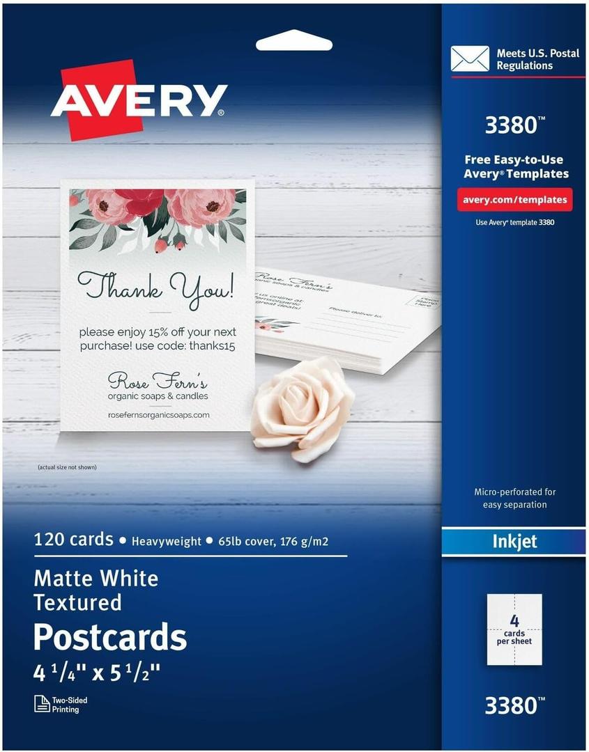 Avery 03380 Textured Post Cards, 4-1/4 x 5-1/2, Matte White, 120 Cards/Box