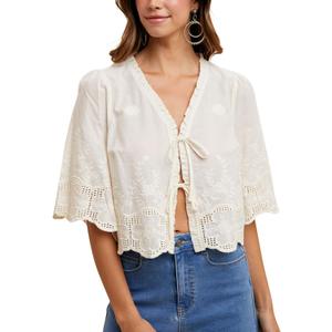 Esmeling Womens Floral Embroidery Short Sleeves Shirt V Neck Summer Scallop Edge Bow Tie Front Blouse (Medium, White)