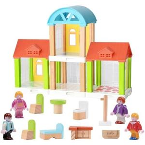 42-Piece Small Wooden Dollhouse Set, 4-Room Family Toy House with 4 Movable Dolls, DIY Doll House Furniture Accessories, Birthday for Kids Ages 3-8 (12.24" L x 4.06" W x 9.44" H), Pack of 2